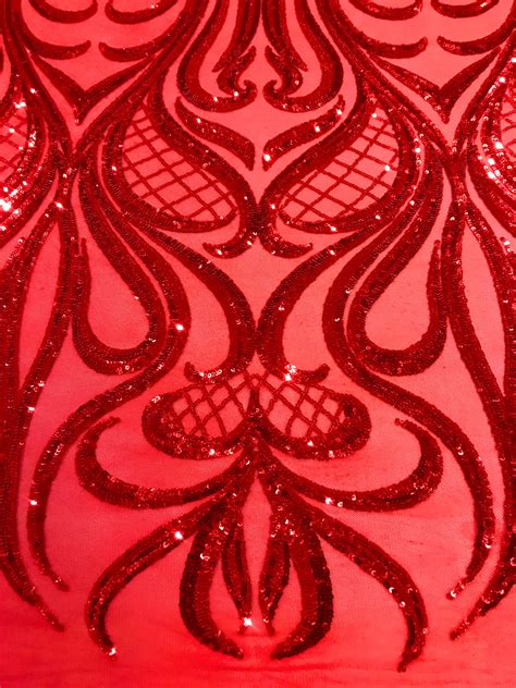 Red 4way Stretch Sequins Lace Mesh Fabric 50 Width Sold By Etsy