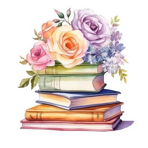 Premium Photo Watercolor Stack Of Books And Flowers On White Background