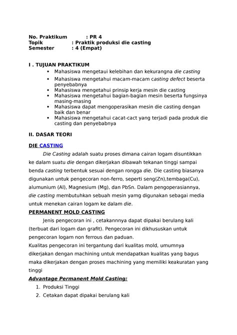 Laporan Die Casting Proses Manufaktur Dasar No Praktikum Pr 4 Topik Praktik Produksi