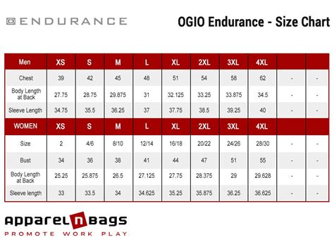 Ogio Endurance Size Chart