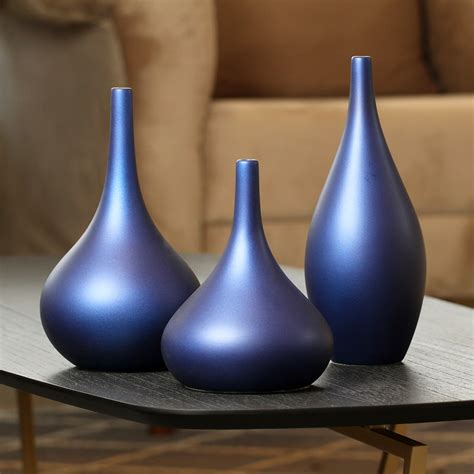 Garrafa Jasmim Trio Decorativo Cer Mica Azul Royal Fosco