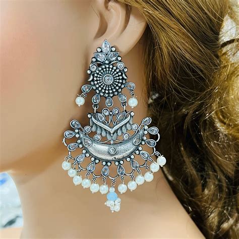 Oxidized Silver Big Chandbali Green Oxidized Chandbali Earrings