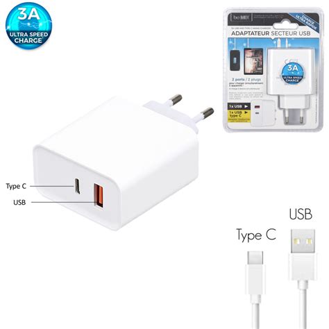 ADAPTEUR SECTEUR USB TYPE C CHARGE ULTRA RAPIDE 3A