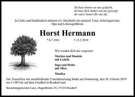 Traueranzeigen Von Horst Hermann Trauer Anzeigen De