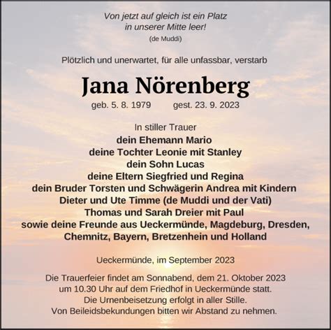 Traueranzeigen Von Jana N Renberg Trauer Nordkurier