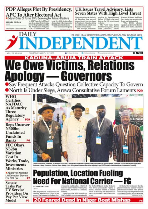 Nigerian Newspapers Daily Front Pages Review Thursday 31 March 2022