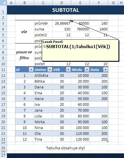 Subtotal Funkce Excel Kolen Konzultace