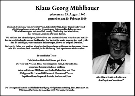 Traueranzeigen Von Klaus Georg M Hlbauer Aachen Gedenkt