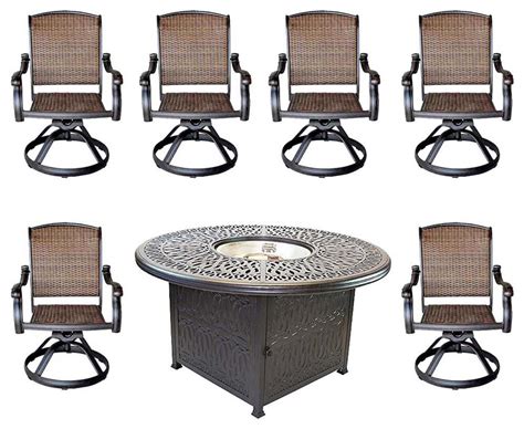 Propane Fire Pit Dining Table Set Cast Aluminum Wicker Furniture, 7 ...