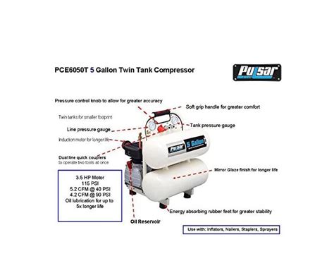 Pulsar Pce6050t Portable Twin Tank Electric Air Compressor 115 Psi 5 Gal Air Compressors