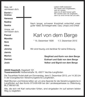 Traueranzeigen Von Karl Von Dem Berge Om Trauer De