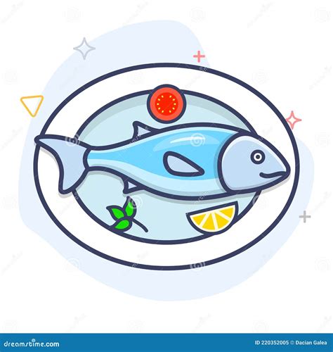 Fresh Fish On A Plate Outline Illustration Seafood Dish Vector Line