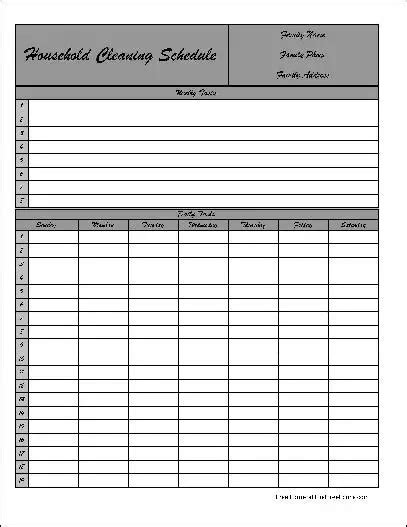 Free Personalized Fancy Wide Numbered Row Household Cleaning Schedule