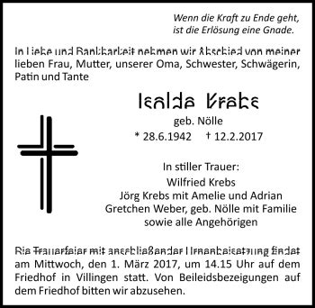 Traueranzeigen Von Isolde Krebs Schwarzw Lder Bote Trauer