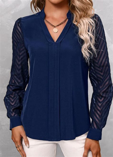 Navy Split Neck Long Sleeve Lace Blouse Rosewe Usd