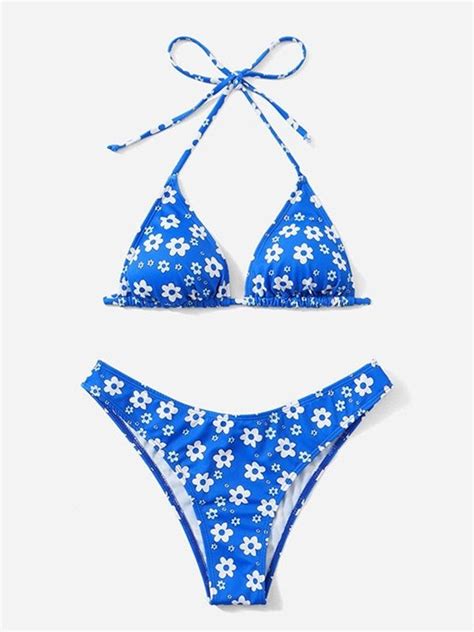 Emmiol Free Shipping Allover Floral Halter Bikini Set Blue M In