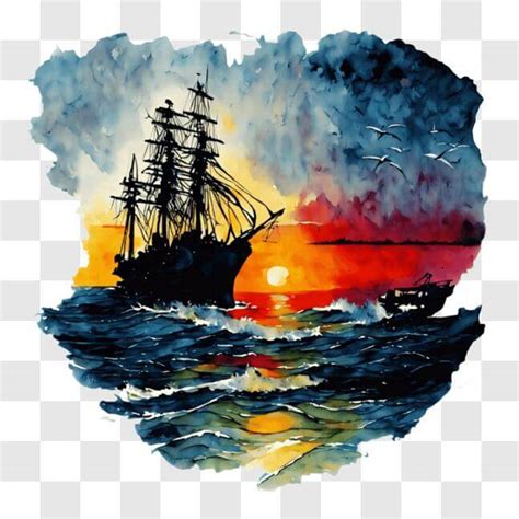 Baixe Pintura Em Aquarela De Navio Antigo Navegando Ao P R Do Sol Pngs