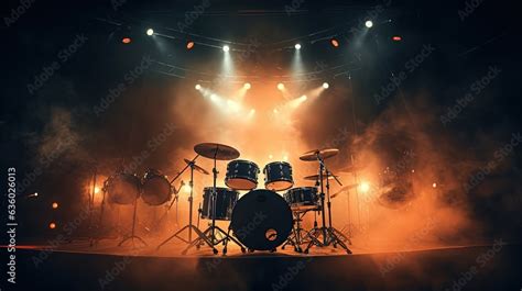 Live drum on stage with spotlights illuminating smoke music and concert ...