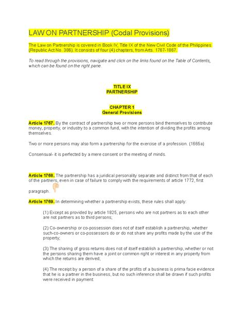 LAW ON Partnership - LAW ON PARTNERSHIP (Codal Provisions) The Law on