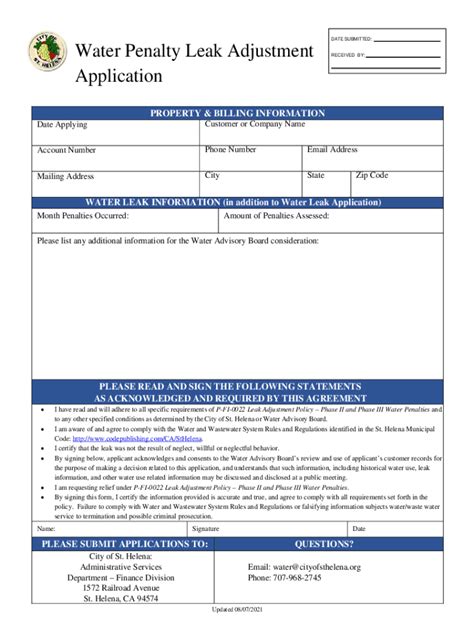 Fillable Online Water Bill Leak Adjustment Request Policy And Form Fax