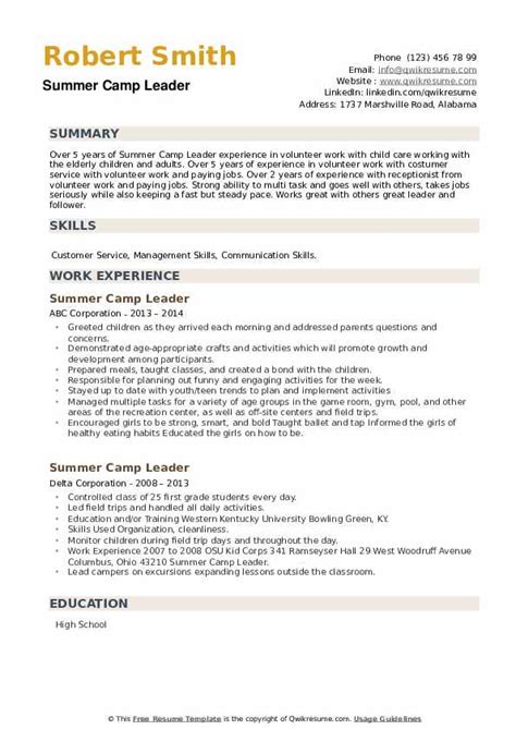 Summer Camp Leader Resume Samples Qwikresume