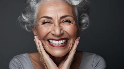 Premium Ai Image An Elderly Woman Smiling Broadly With Her Hands Folded In Front Of Her Face