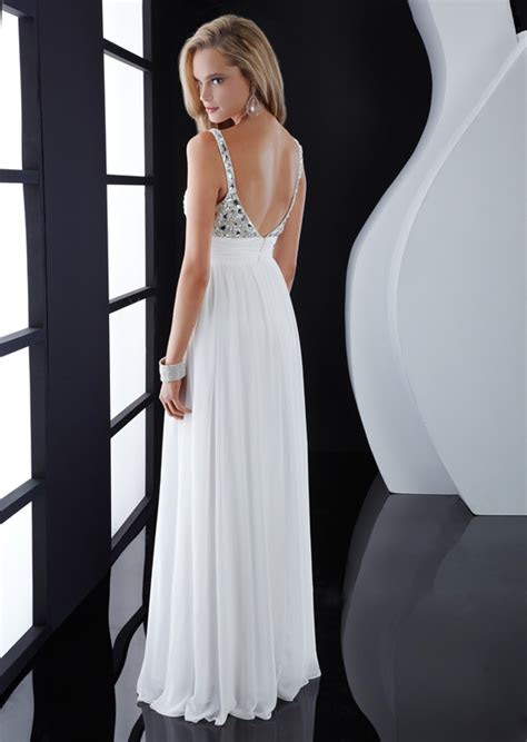 White Empire Deep V Neck Backless Full Length Chiffon Evening Dresses