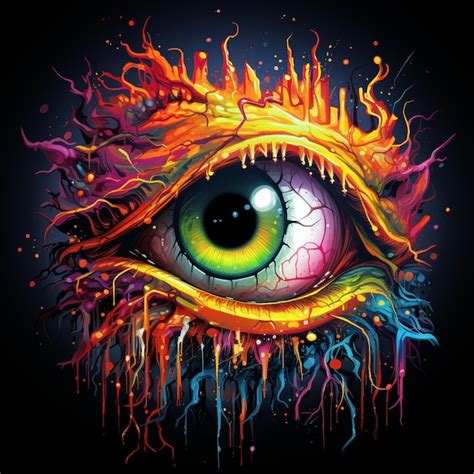 Premium Photo Brightly Colored Eye With Flames And Paint Drips On A