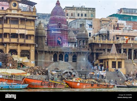 Varanasi Manikarnika Ganges river ghat used for Hindu cremation ...