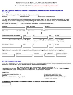 Fillable Online Cameron Communications LLC Lifeline Initial Enrollment