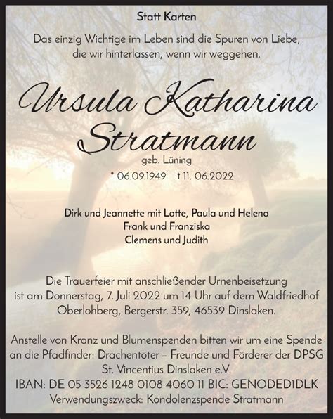 Traueranzeigen Von Ursula Katharina Stratmann Trauer In Nrw De