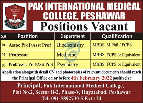 Pak International Medical College Peshawar Jobs 2022 2024 Job