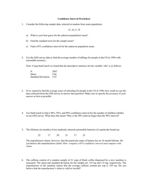 Confidence Interval Worksheet With Answers