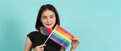 Lgbtq Girl And Pride Flag Lesbian Girl And Lgbt Flag Standing Blue