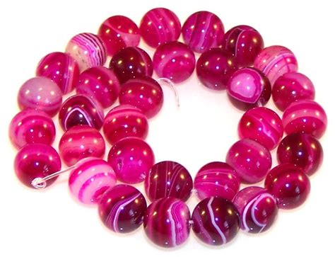 6 Fuchsia Striped Agate 12mm Round Semiprecious Gemstone Beads