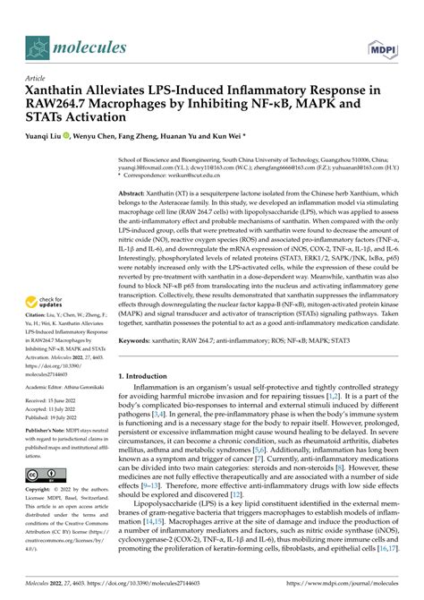 Pdf Xanthatin Alleviates Lps Induced Inflammatory Response In Raw