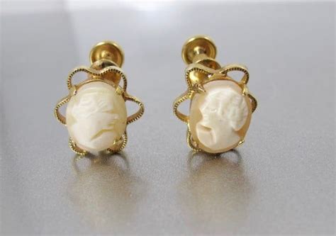 K Gold Filled Cameo Earrings Vintage Oval Carved Shell Cameo Screw