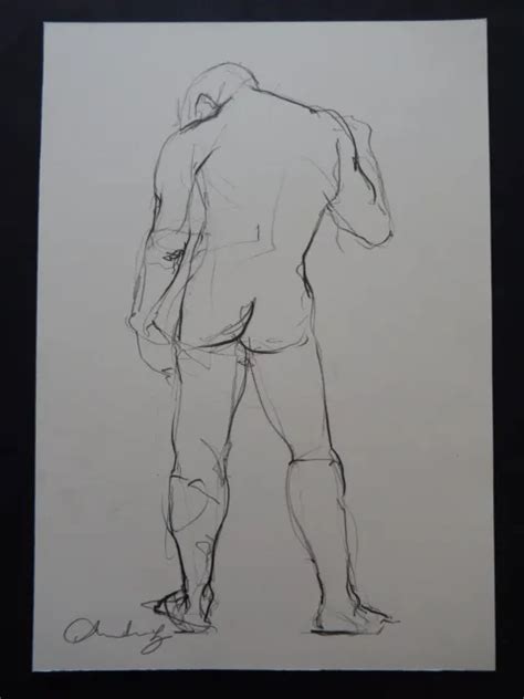 Original Pencil Drawing Sketch Of A Male Nude Model In A Standing Pose