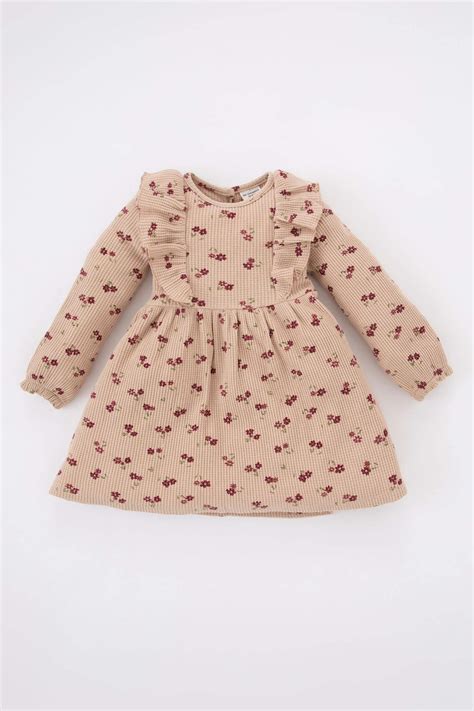 Beige Baby Girl Regular Fit Flower Long Sleeve Knitted Dress