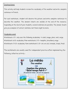 French M T O Weather Worksheets Quel Temps Fait Il Writing