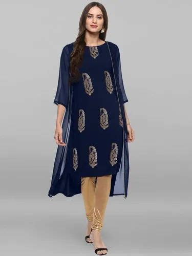 Janasya Women S Navy Blue Poly Georgette Long Kurta With Dupatta