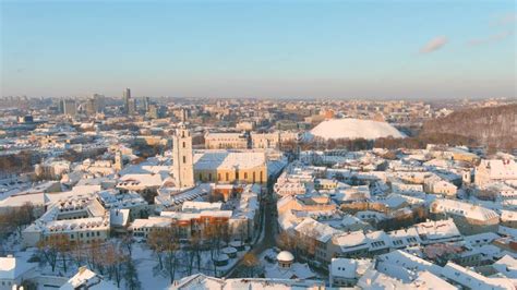 Beautiful Aerial Evening Vilnius City Old Town Scene in Winter. Lithuania. Stock Video - Video ...