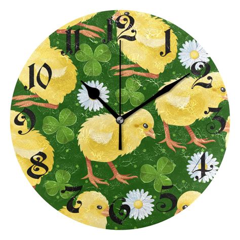 Wall Clock 10 Inch Silent Non Ticking 8 Chicken Daisy And Clover On Green Battery Operated