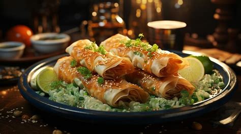 Premium Ai Image Chicken Spring Rolls On Plate