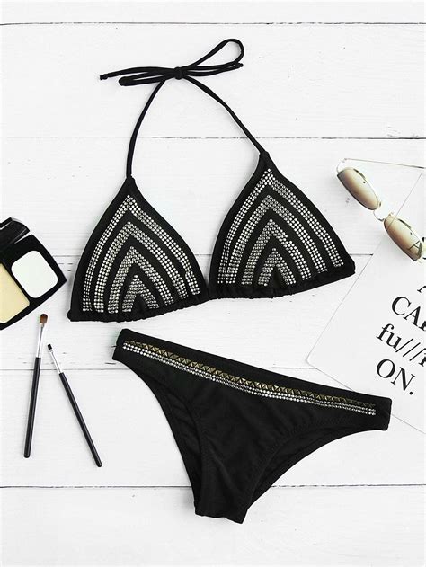 Halter Studded Triangle Bikini Set Shein Sheinside