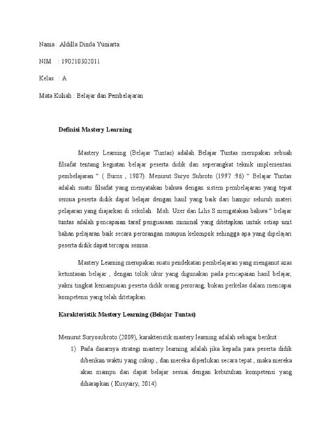 Definisi Karakteristik Mastery Learning Pdf