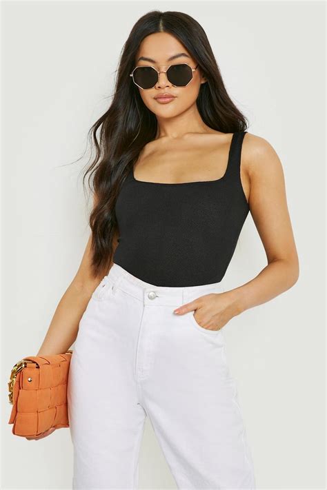 Crinkle Rib Square Neck Bodysuit Boohoo