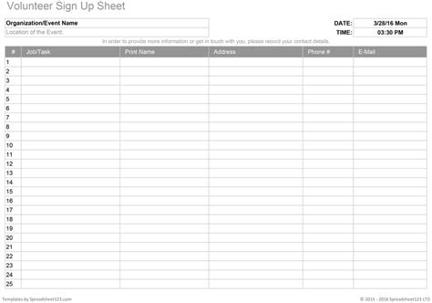 Event Sign Up Sheet Template