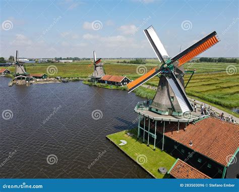 Drone View At The Windmills Of Zaanse Schans Near Amsterdam On Holland