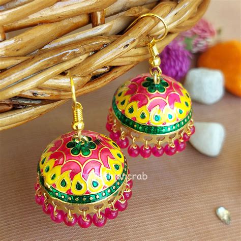 Yellow Pink Pearl Indian Jhumka Earrings Fashioncrab